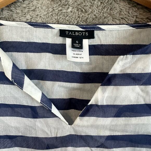 Talbots Silk Navy Blue White Semi-sheer Lighweight Kaftan Poncho Tunic Top S - Picture 6 of 9